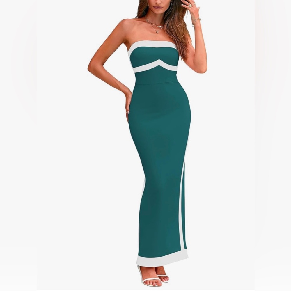 NWT PRETTYGARDEN Women's Strapless Back Split Long Bodycon Teal Tube Dress, S